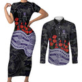 Fremantle Dockers ANZAC Day Couples Matching Short Sleeve Bodycon Dress and Long Sleeve Button Shirt Indigenous Dot Art with Poppy Flower Tribute