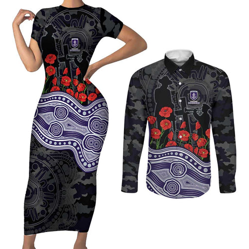 Fremantle Dockers ANZAC Day Couples Matching Short Sleeve Bodycon Dress and Long Sleeve Button Shirt Indigenous Dot Art with Poppy Flower Tribute