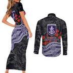 Fremantle Dockers ANZAC Day Couples Matching Short Sleeve Bodycon Dress and Long Sleeve Button Shirt Indigenous Dot Art with Poppy Flower Tribute