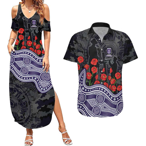 Fremantle Dockers ANZAC Day Couples Matching Summer Maxi Dress and Hawaiian Shirt Indigenous Dot Art with Poppy Flower Tribute