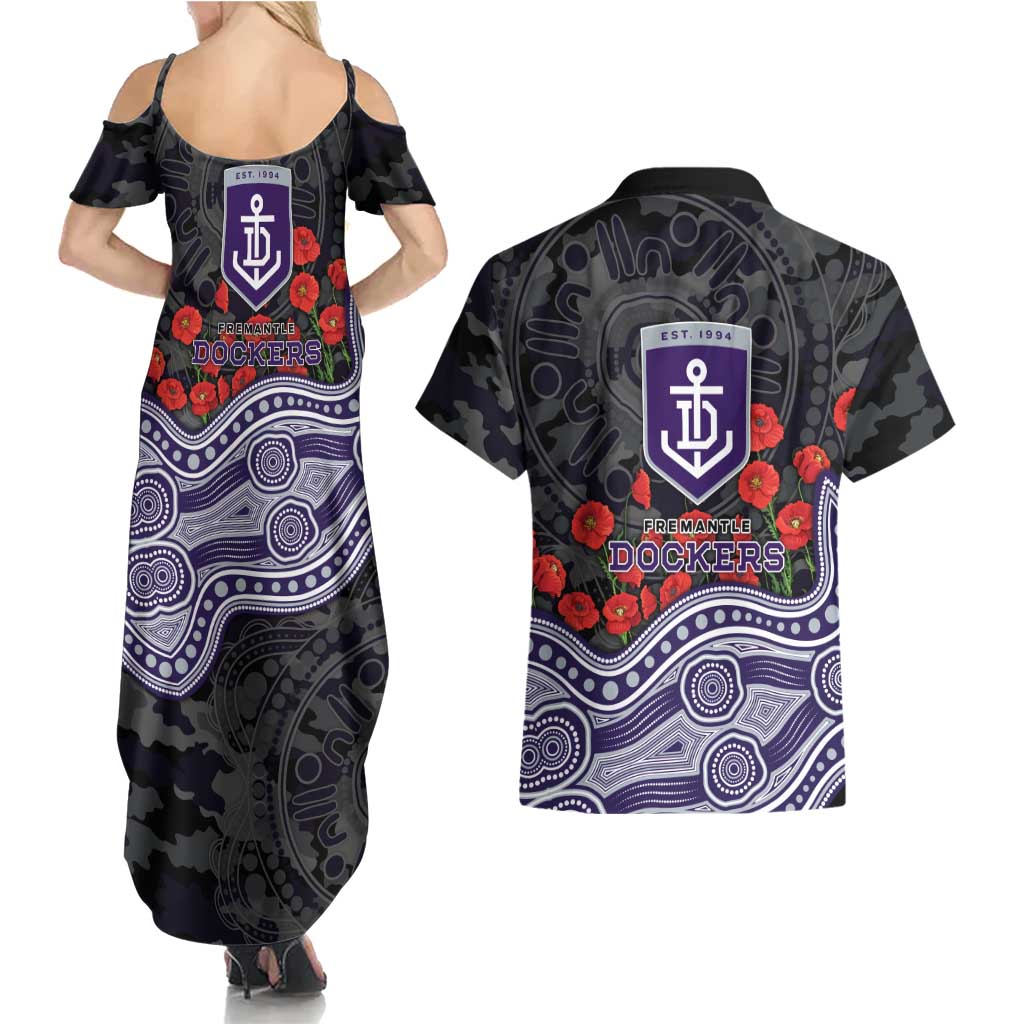 Fremantle Dockers ANZAC Day Couples Matching Summer Maxi Dress and Hawaiian Shirt Indigenous Dot Art with Poppy Flower Tribute