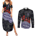 Fremantle Dockers ANZAC Day Couples Matching Summer Maxi Dress and Long Sleeve Button Shirt Indigenous Dot Art with Poppy Flower Tribute