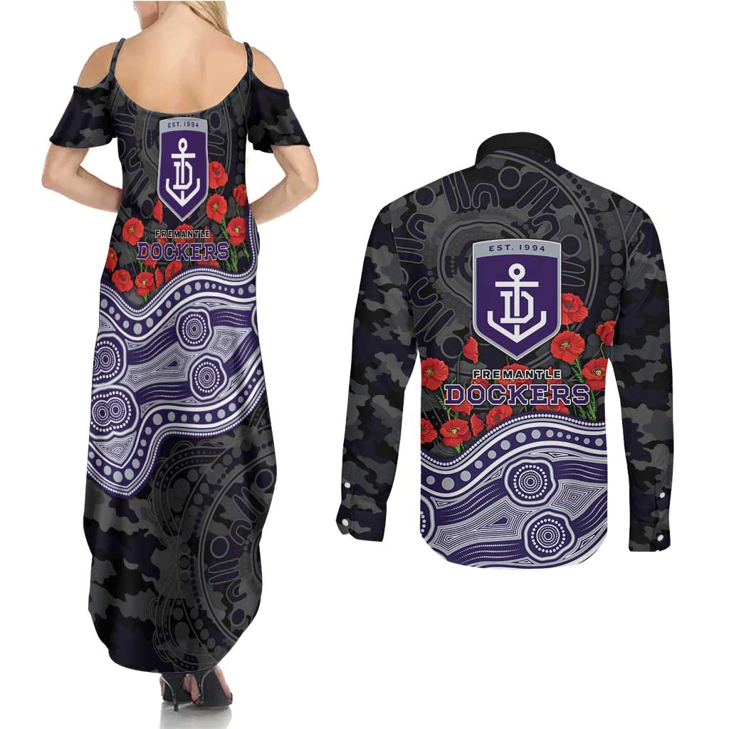 Fremantle Dockers ANZAC Day Couples Matching Summer Maxi Dress and Long Sleeve Button Shirt Indigenous Dot Art with Poppy Flower Tribute