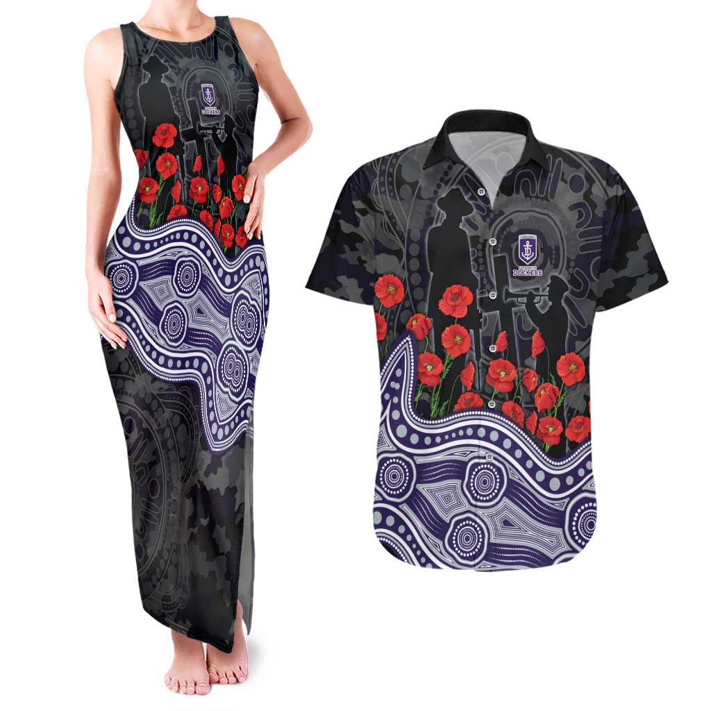Fremantle Dockers ANZAC Day Couples Matching Tank Maxi Dress and Hawaiian Shirt Indigenous Dot Art with Poppy Flower Tribute