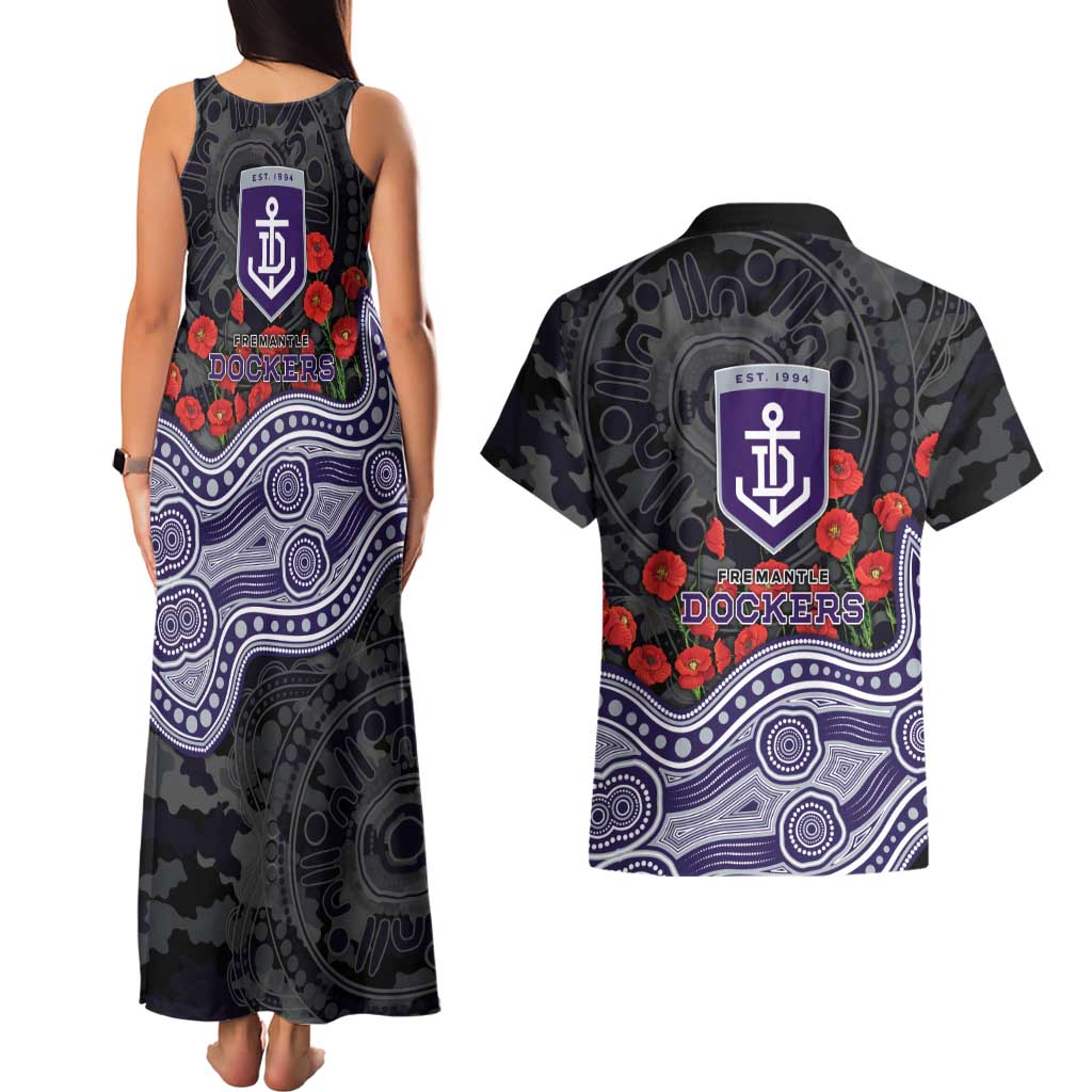 Fremantle Dockers ANZAC Day Couples Matching Tank Maxi Dress and Hawaiian Shirt Indigenous Dot Art with Poppy Flower Tribute