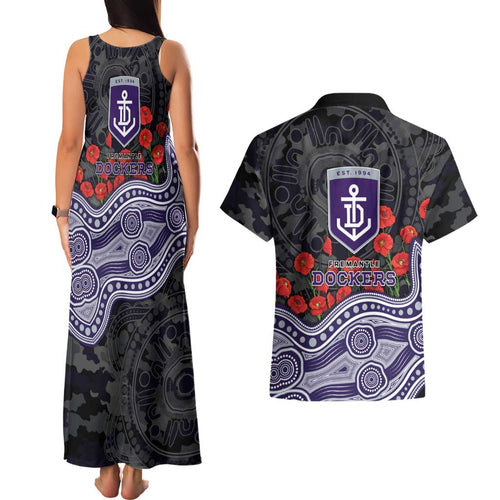 Fremantle Dockers ANZAC Day Couples Matching Tank Maxi Dress and Hawaiian Shirt Indigenous Dot Art with Poppy Flower Tribute