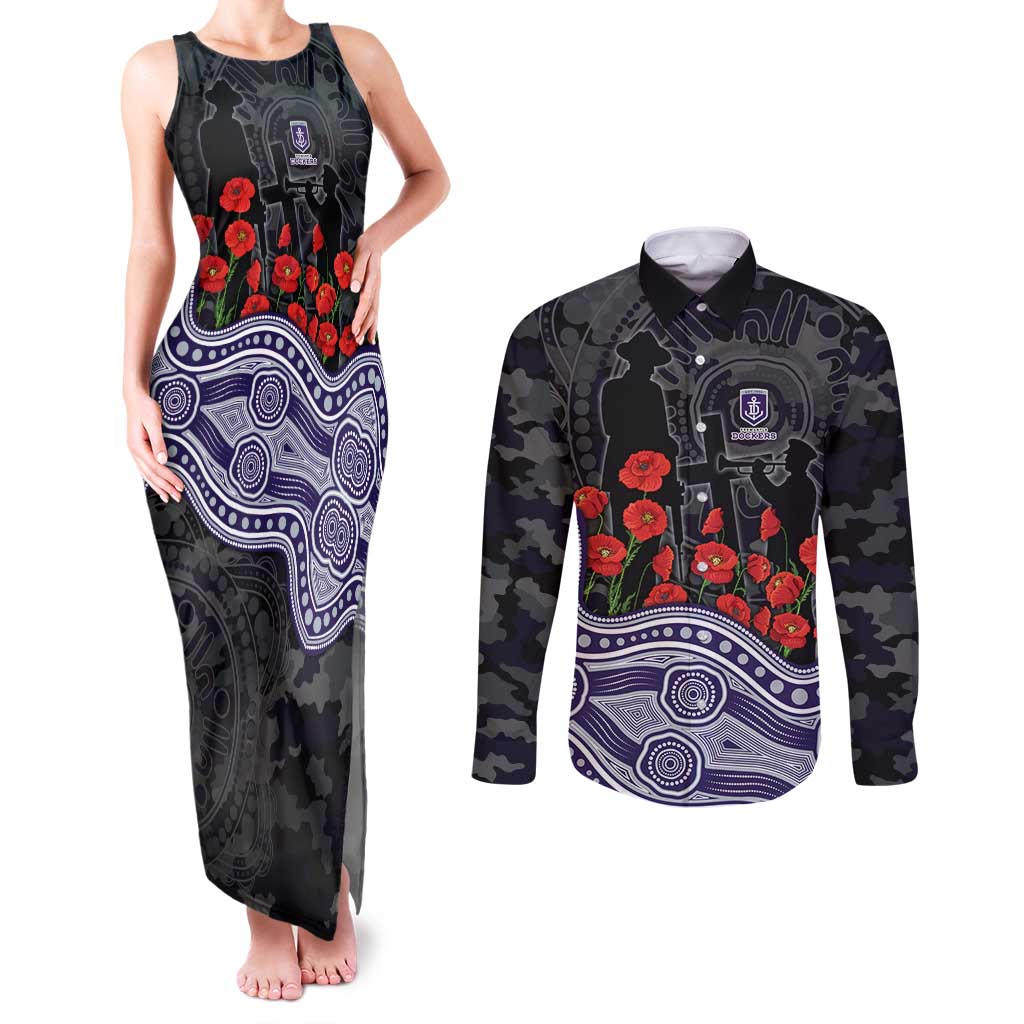 Fremantle Dockers ANZAC Day Couples Matching Tank Maxi Dress and Long Sleeve Button Shirt Indigenous Dot Art with Poppy Flower Tribute