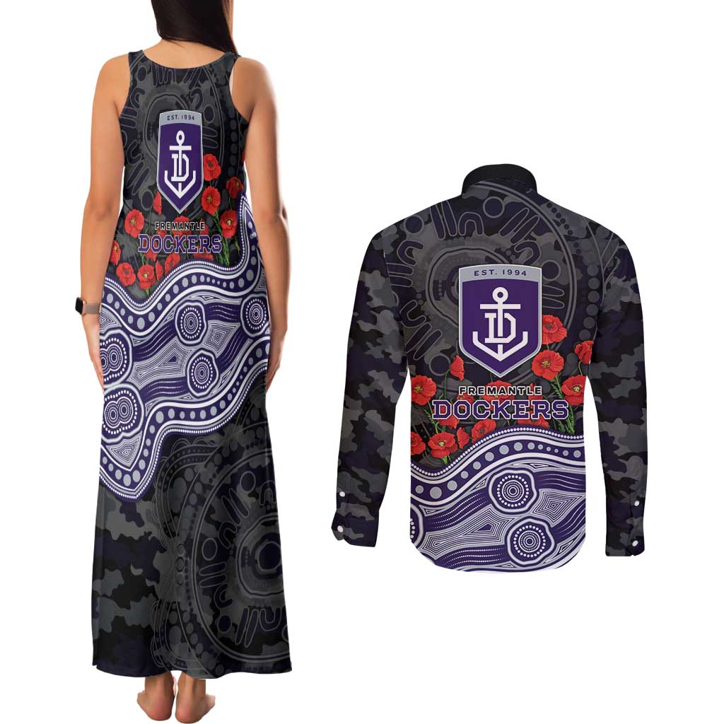 Fremantle Dockers ANZAC Day Couples Matching Tank Maxi Dress and Long Sleeve Button Shirt Indigenous Dot Art with Poppy Flower Tribute