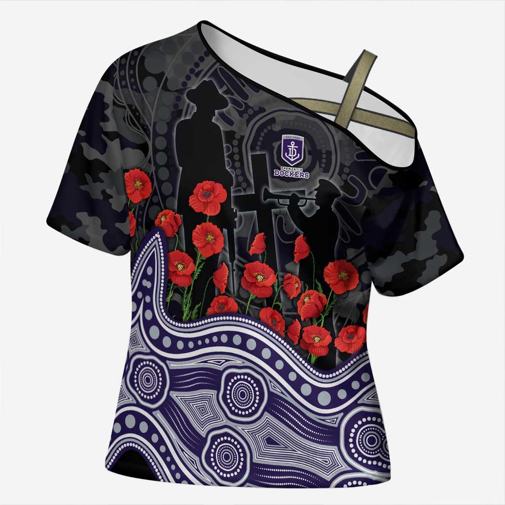 Fremantle Dockers ANZAC Day Cross Shoulder Shirt Indigenous Dot Art with Poppy Flower Tribute