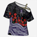 Fremantle Dockers ANZAC Day Cross Shoulder Shirt Indigenous Dot Art with Poppy Flower Tribute