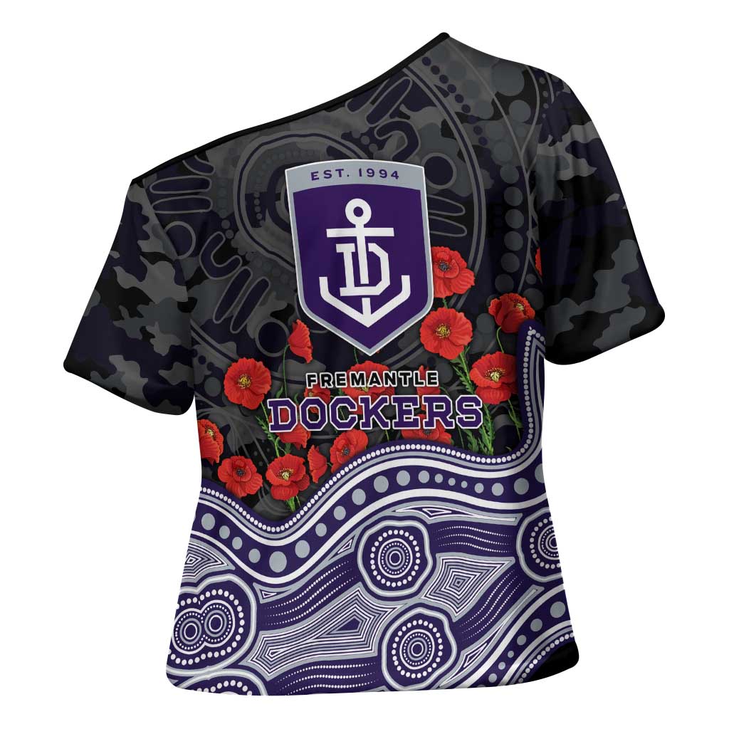 Fremantle Dockers ANZAC Day Cross Shoulder Shirt Indigenous Dot Art with Poppy Flower Tribute
