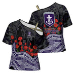 Fremantle Dockers ANZAC Day Cross Shoulder Shirt Indigenous Dot Art with Poppy Flower Tribute