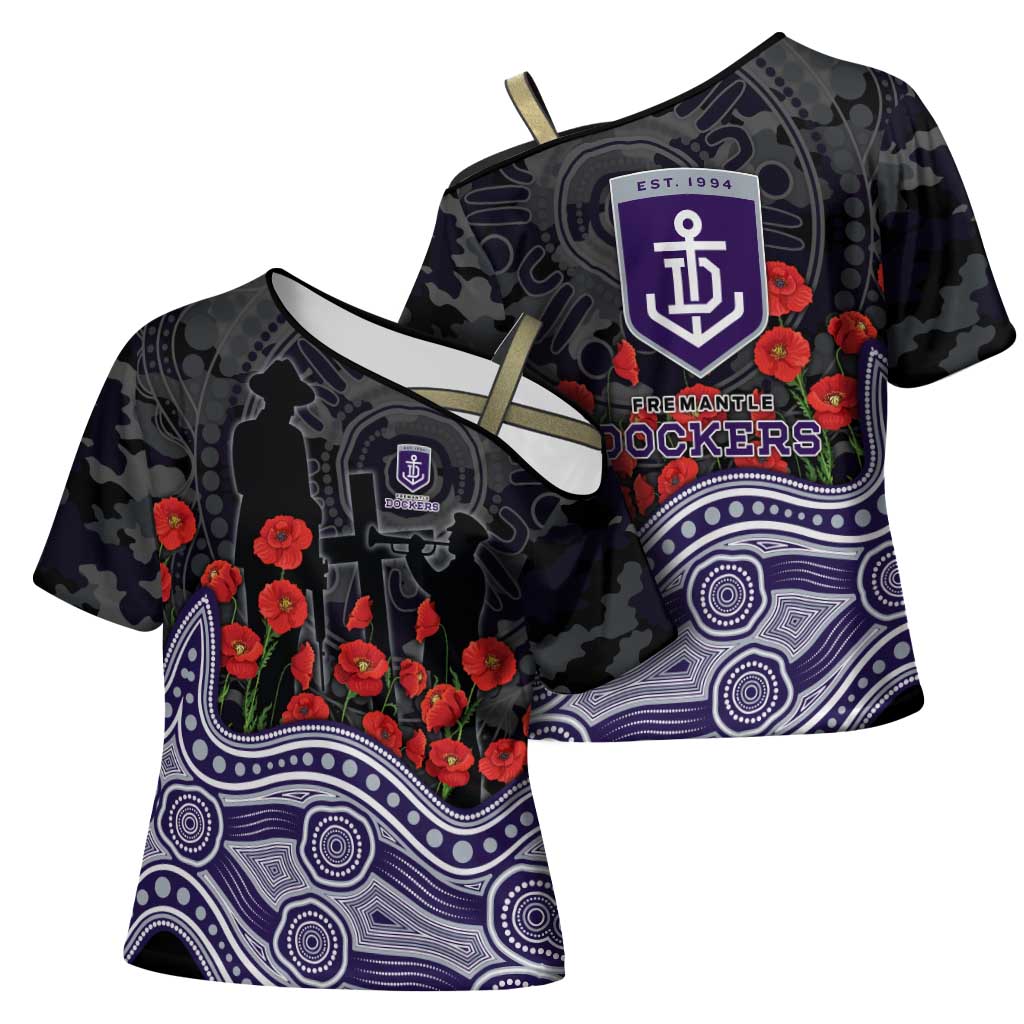 Fremantle Dockers ANZAC Day Cross Shoulder Shirt Indigenous Dot Art with Poppy Flower Tribute