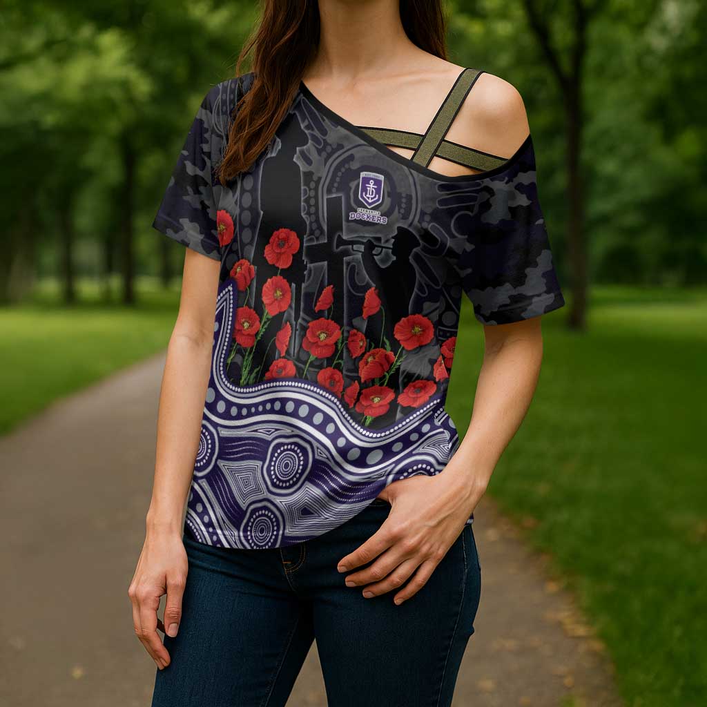 Fremantle Dockers ANZAC Day Cross Shoulder Shirt Indigenous Dot Art with Poppy Flower Tribute