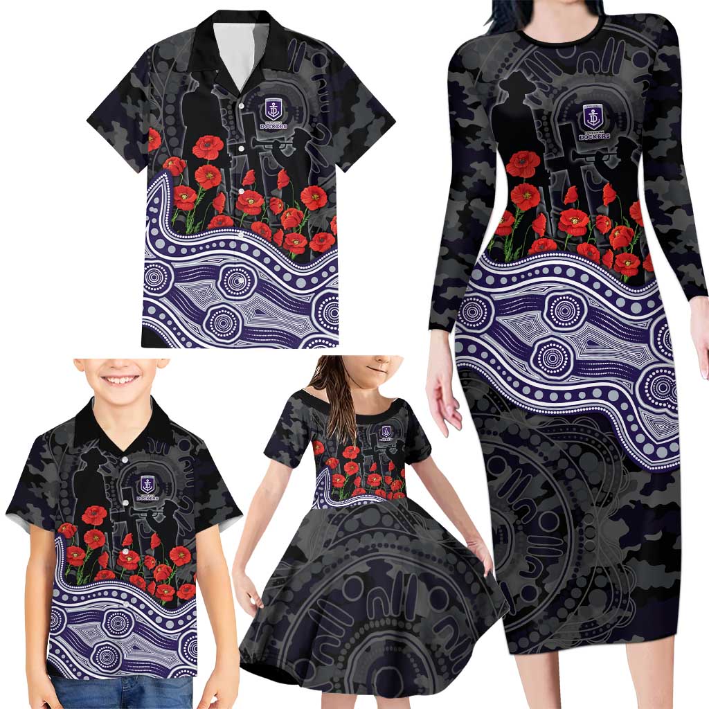 Fremantle Dockers ANZAC Day Family Matching Long Sleeve Bodycon Dress and Hawaiian Shirt Indigenous Dot Art with Poppy Flower Tribute