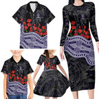 Fremantle Dockers ANZAC Day Family Matching Long Sleeve Bodycon Dress and Hawaiian Shirt Indigenous Dot Art with Poppy Flower Tribute