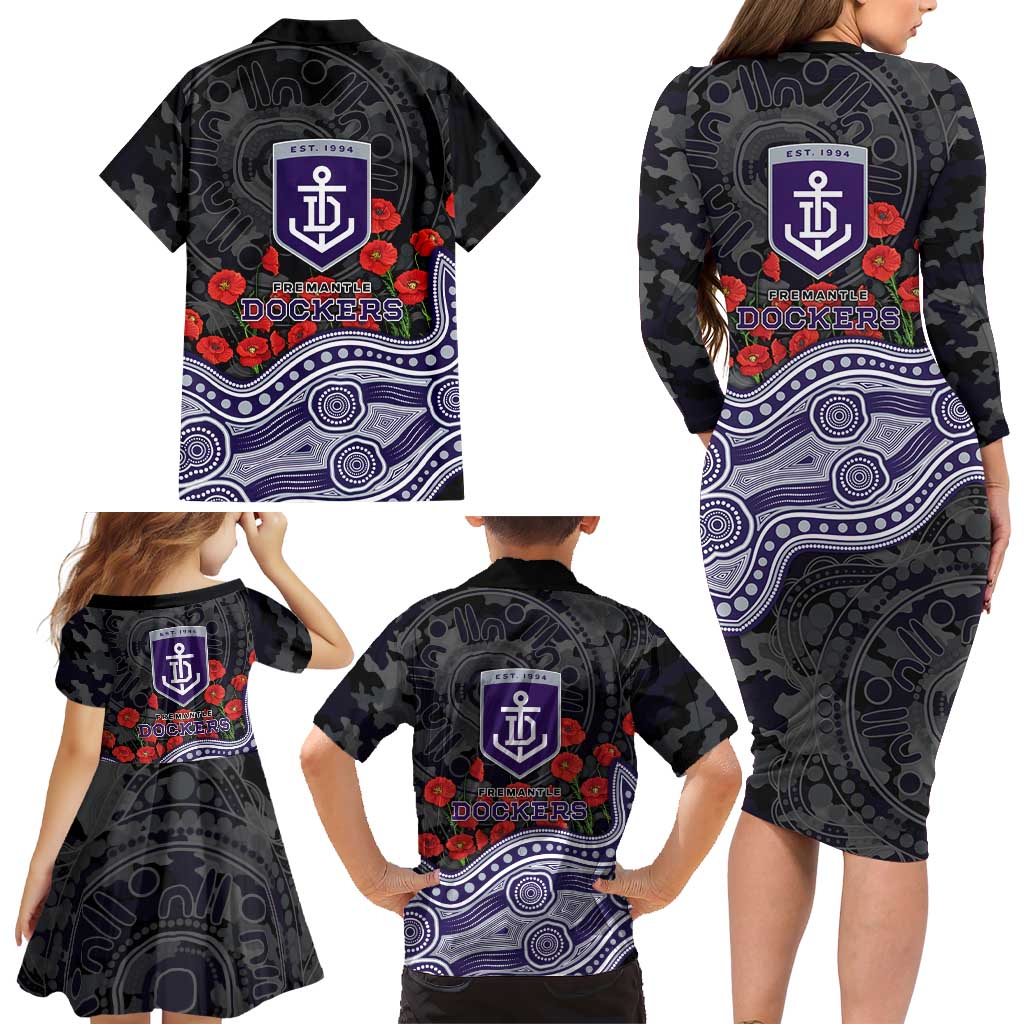 Fremantle Dockers ANZAC Day Family Matching Long Sleeve Bodycon Dress and Hawaiian Shirt Indigenous Dot Art with Poppy Flower Tribute
