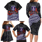 Fremantle Dockers ANZAC Day Family Matching Long Sleeve Bodycon Dress and Hawaiian Shirt Indigenous Dot Art with Poppy Flower Tribute