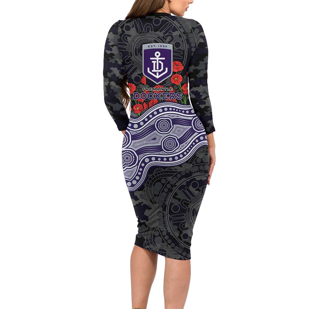 Fremantle Dockers ANZAC Day Family Matching Long Sleeve Bodycon Dress and Hawaiian Shirt Indigenous Dot Art with Poppy Flower Tribute