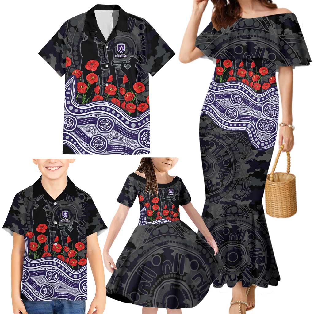Fremantle Dockers ANZAC Day Family Matching Mermaid Dress and Hawaiian Shirt Indigenous Dot Art with Poppy Flower Tribute