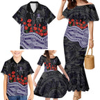 Fremantle Dockers ANZAC Day Family Matching Mermaid Dress and Hawaiian Shirt Indigenous Dot Art with Poppy Flower Tribute