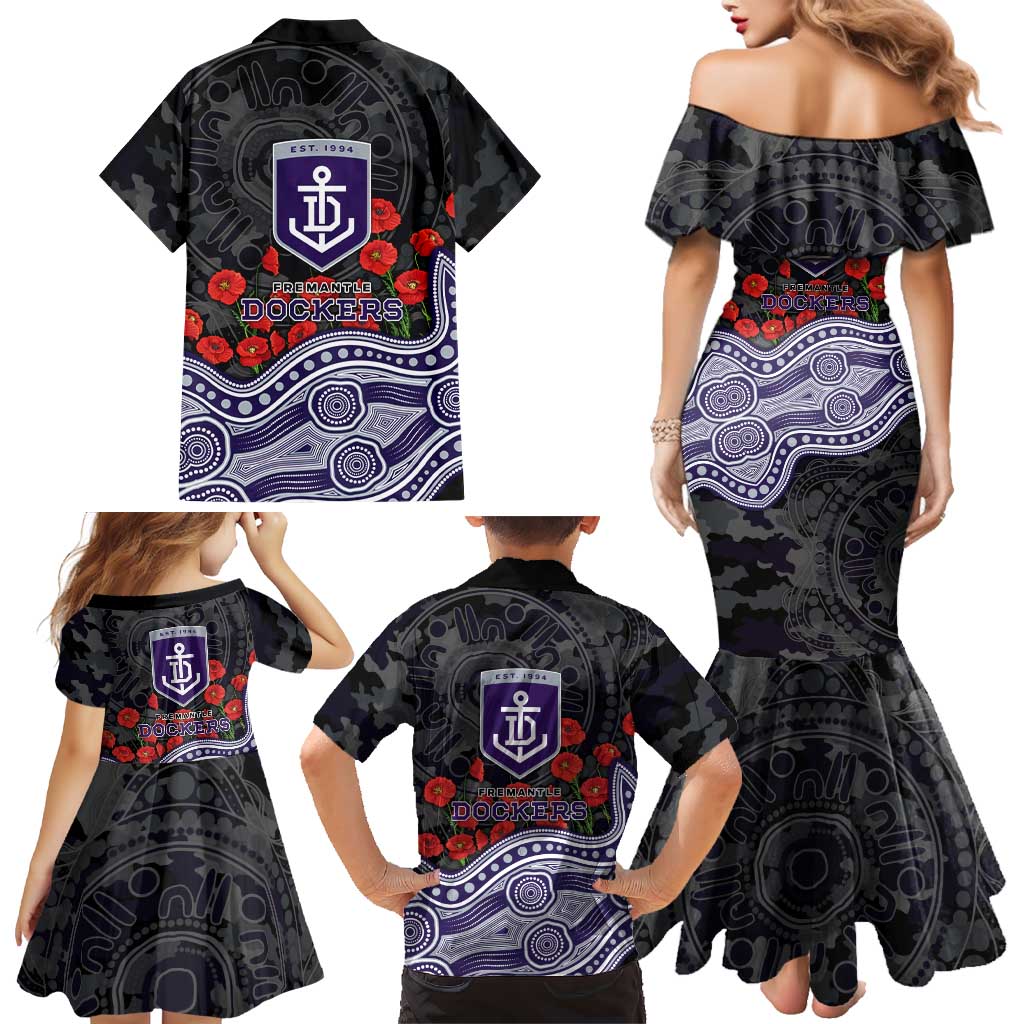 Fremantle Dockers ANZAC Day Family Matching Mermaid Dress and Hawaiian Shirt Indigenous Dot Art with Poppy Flower Tribute