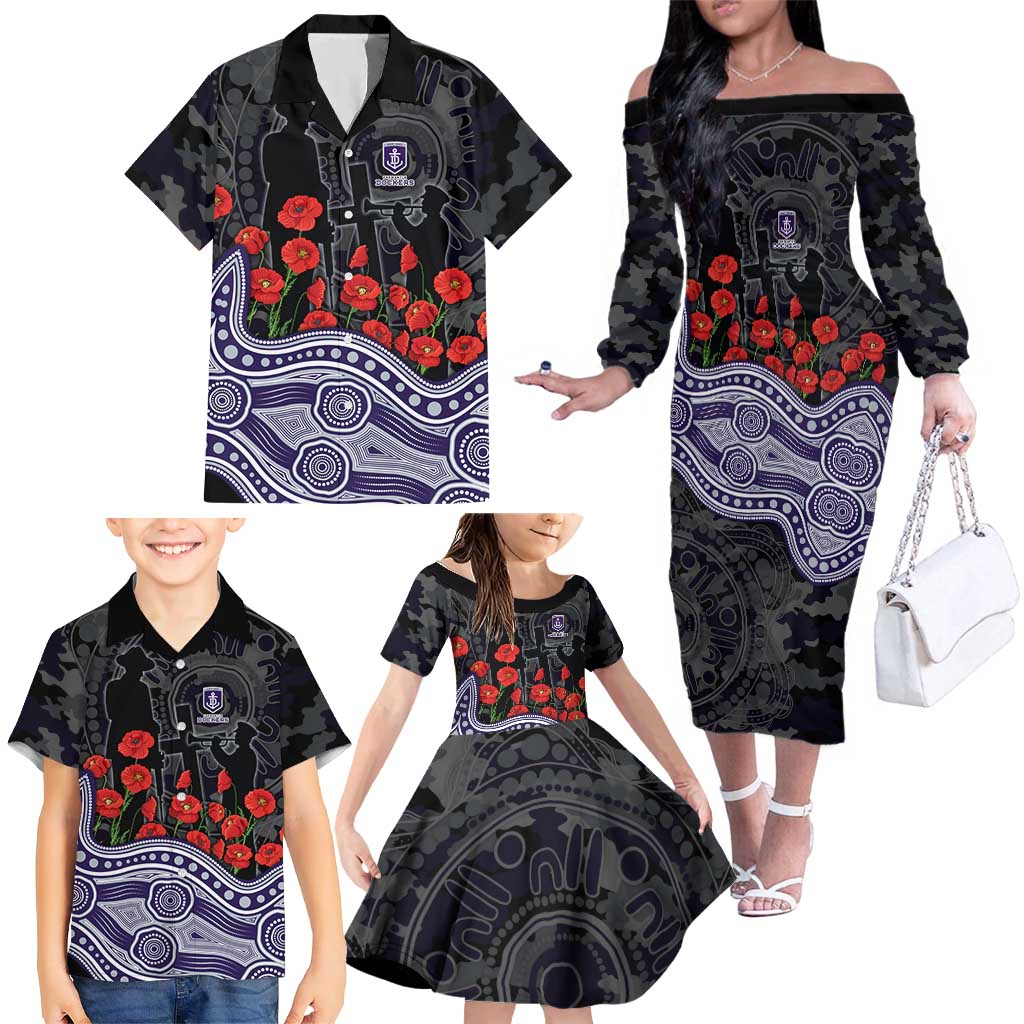 Fremantle Dockers ANZAC Day Family Matching Off The Shoulder Long Sleeve Dress and Hawaiian Shirt Indigenous Dot Art with Poppy Flower Tribute