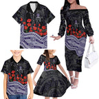 Fremantle Dockers ANZAC Day Family Matching Off The Shoulder Long Sleeve Dress and Hawaiian Shirt Indigenous Dot Art with Poppy Flower Tribute