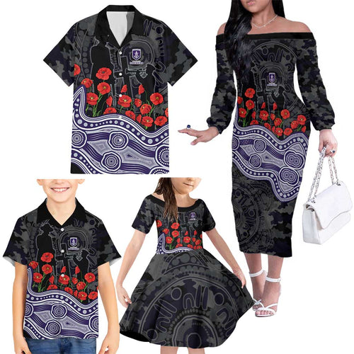 Fremantle Dockers ANZAC Day Family Matching Off The Shoulder Long Sleeve Dress and Hawaiian Shirt Indigenous Dot Art with Poppy Flower Tribute