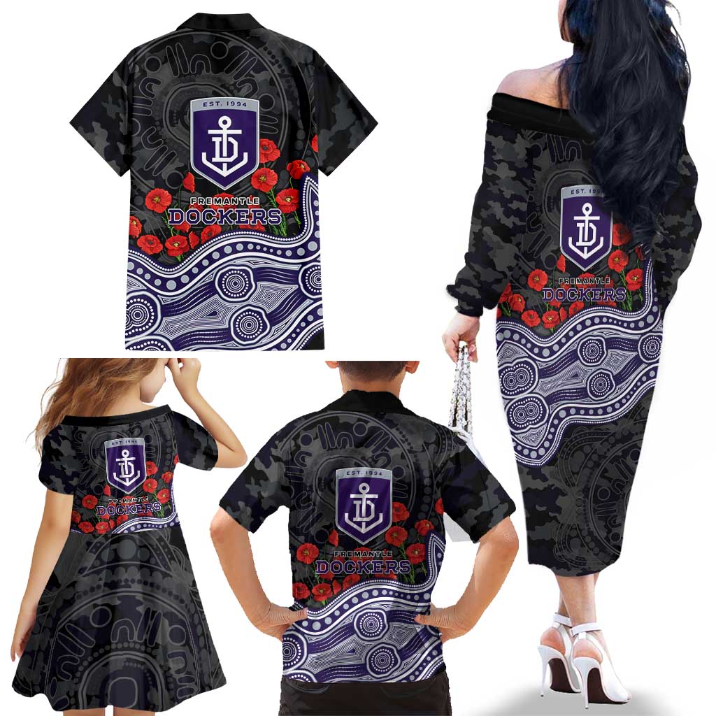 Fremantle Dockers ANZAC Day Family Matching Off The Shoulder Long Sleeve Dress and Hawaiian Shirt Indigenous Dot Art with Poppy Flower Tribute