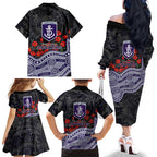 Fremantle Dockers ANZAC Day Family Matching Off The Shoulder Long Sleeve Dress and Hawaiian Shirt Indigenous Dot Art with Poppy Flower Tribute