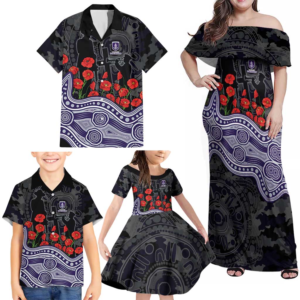Fremantle Dockers ANZAC Day Family Matching Off Shoulder Maxi Dress and Hawaiian Shirt Indigenous Dot Art with Poppy Flower Tribute