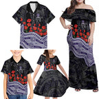 Fremantle Dockers ANZAC Day Family Matching Off Shoulder Maxi Dress and Hawaiian Shirt Indigenous Dot Art with Poppy Flower Tribute