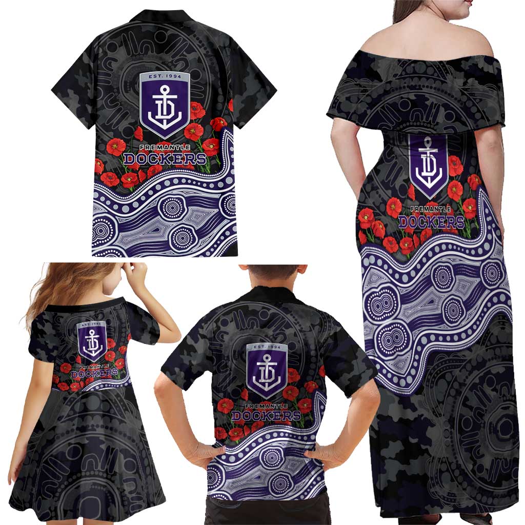 Fremantle Dockers ANZAC Day Family Matching Off Shoulder Maxi Dress and Hawaiian Shirt Indigenous Dot Art with Poppy Flower Tribute
