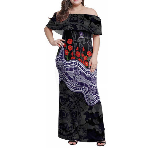 Fremantle Dockers ANZAC Day Family Matching Off Shoulder Maxi Dress and Hawaiian Shirt Indigenous Dot Art with Poppy Flower Tribute