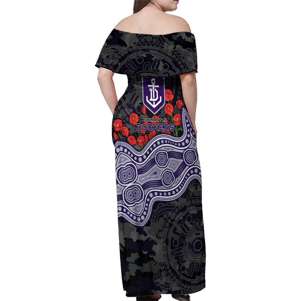 Fremantle Dockers ANZAC Day Family Matching Off Shoulder Maxi Dress and Hawaiian Shirt Indigenous Dot Art with Poppy Flower Tribute