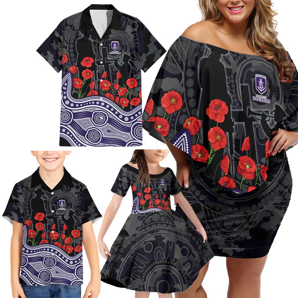 Fremantle Dockers ANZAC Day Family Matching Off Shoulder Short Dress and Hawaiian Shirt Indigenous Dot Art with Poppy Flower Tribute