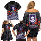 Fremantle Dockers ANZAC Day Family Matching Off Shoulder Short Dress and Hawaiian Shirt Indigenous Dot Art with Poppy Flower Tribute