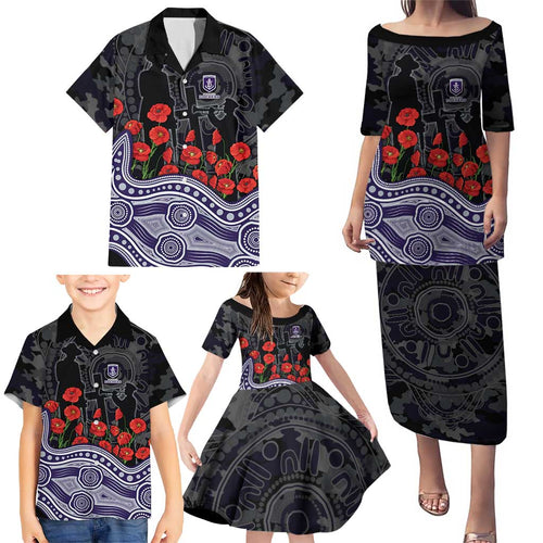 Fremantle Dockers ANZAC Day Family Matching Puletasi and Hawaiian Shirt Indigenous Dot Art with Poppy Flower Tribute
