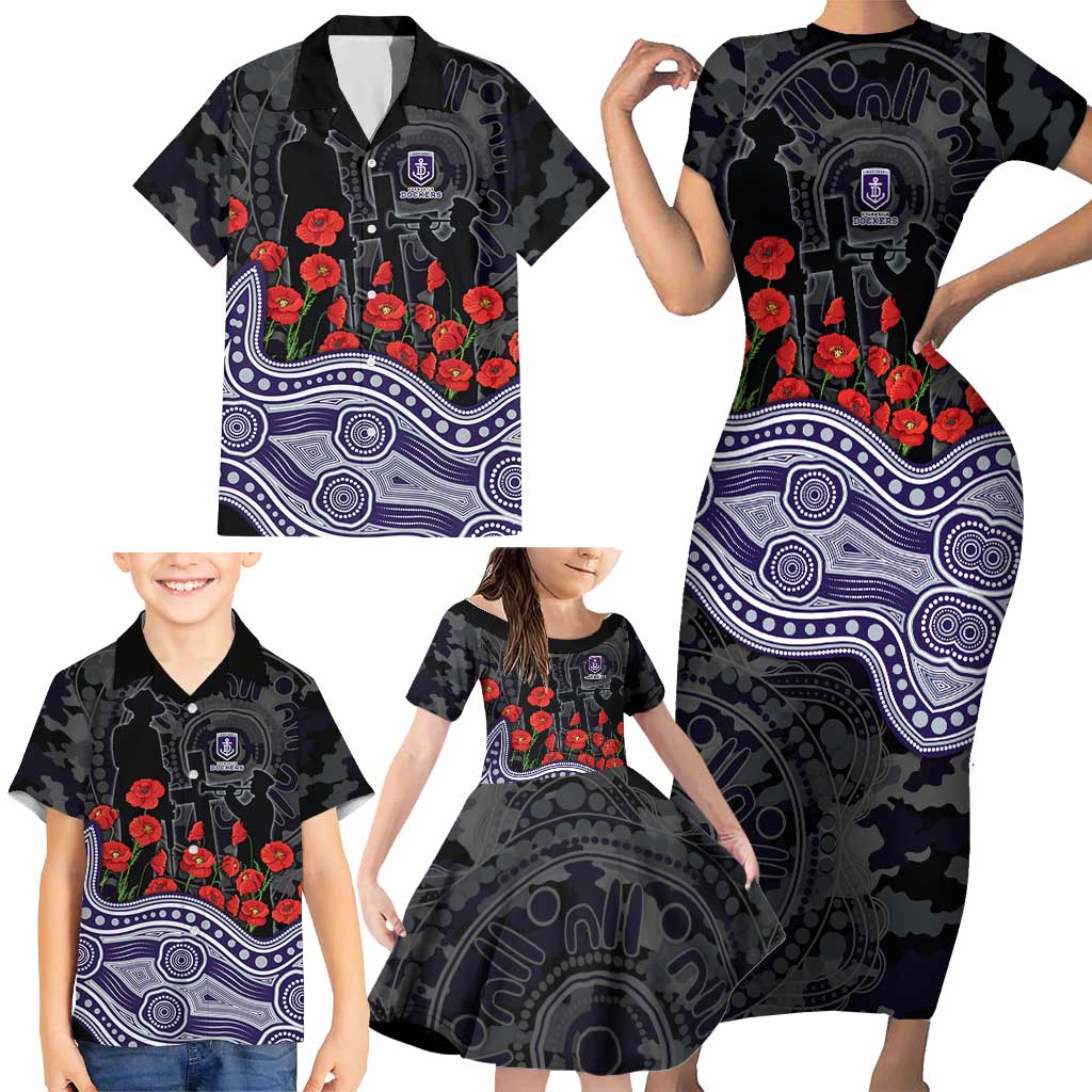 Fremantle Dockers ANZAC Day Family Matching Short Sleeve Bodycon Dress and Hawaiian Shirt Indigenous Dot Art with Poppy Flower Tribute