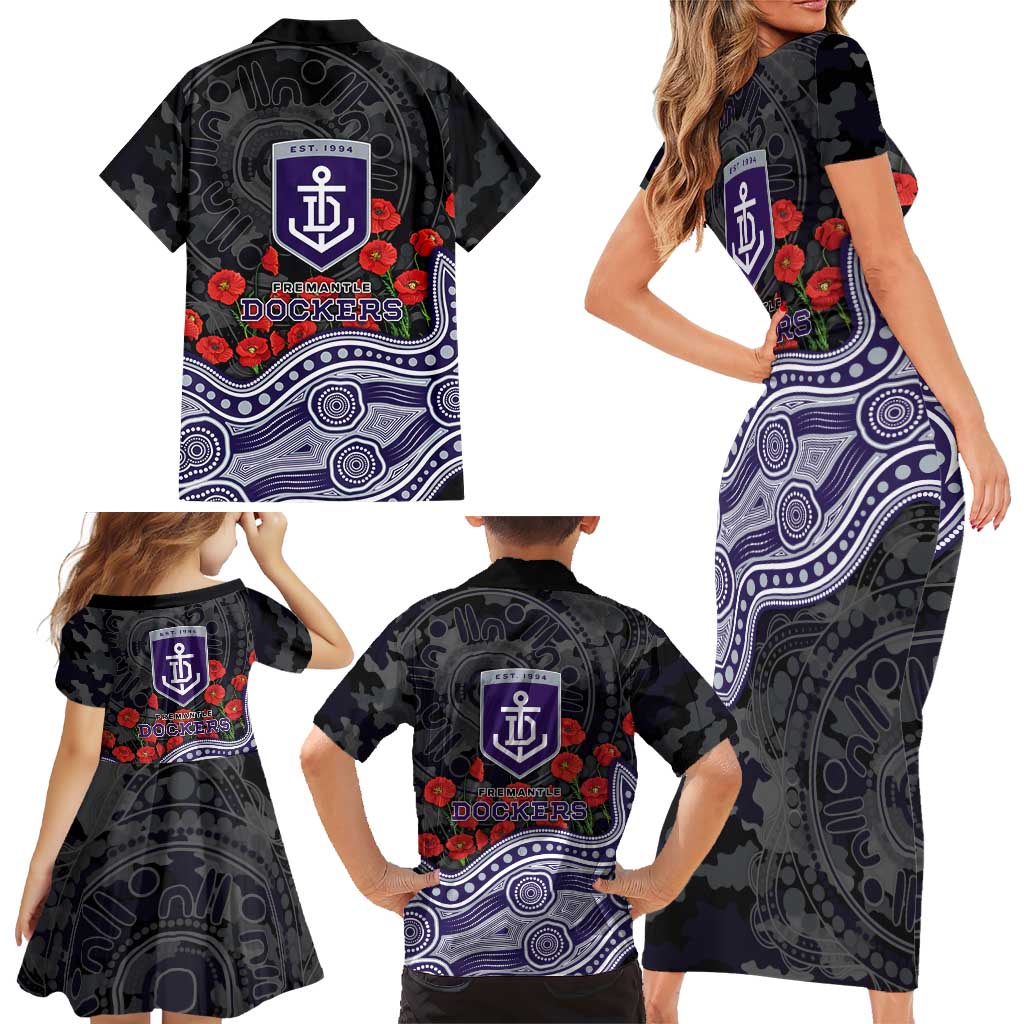 Fremantle Dockers ANZAC Day Family Matching Short Sleeve Bodycon Dress and Hawaiian Shirt Indigenous Dot Art with Poppy Flower Tribute