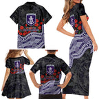 Fremantle Dockers ANZAC Day Family Matching Short Sleeve Bodycon Dress and Hawaiian Shirt Indigenous Dot Art with Poppy Flower Tribute