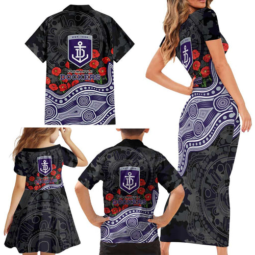 Fremantle Dockers ANZAC Day Family Matching Short Sleeve Bodycon Dress and Hawaiian Shirt Indigenous Dot Art with Poppy Flower Tribute