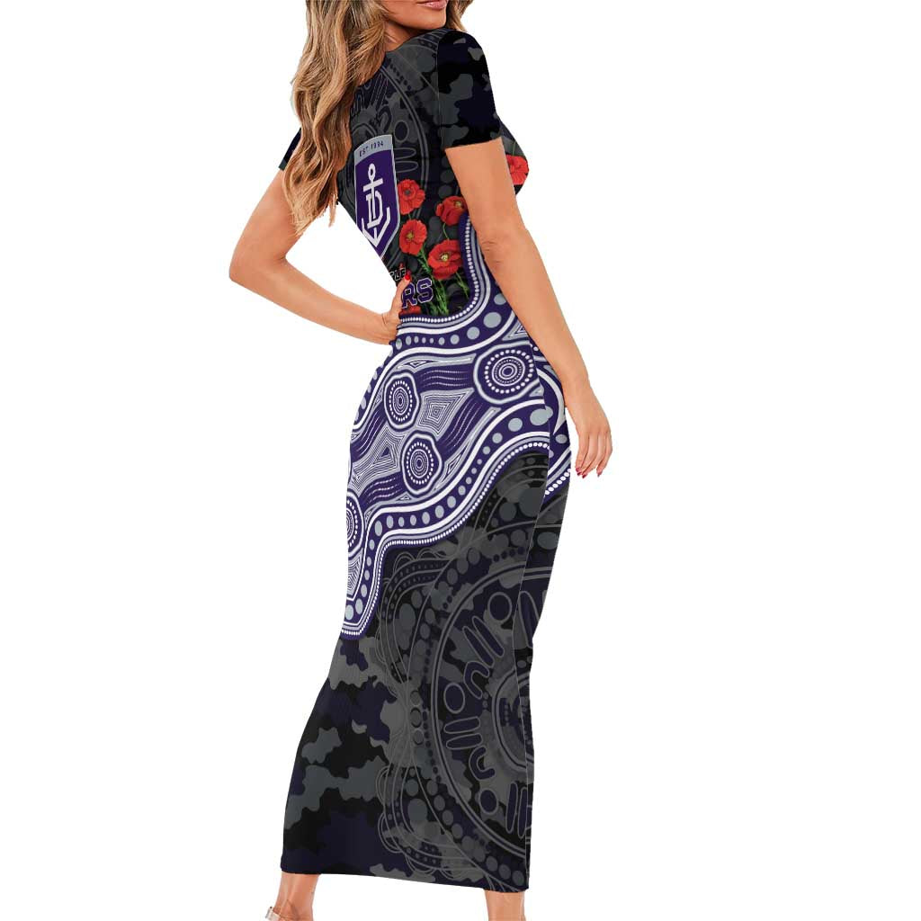 Fremantle Dockers ANZAC Day Family Matching Short Sleeve Bodycon Dress and Hawaiian Shirt Indigenous Dot Art with Poppy Flower Tribute