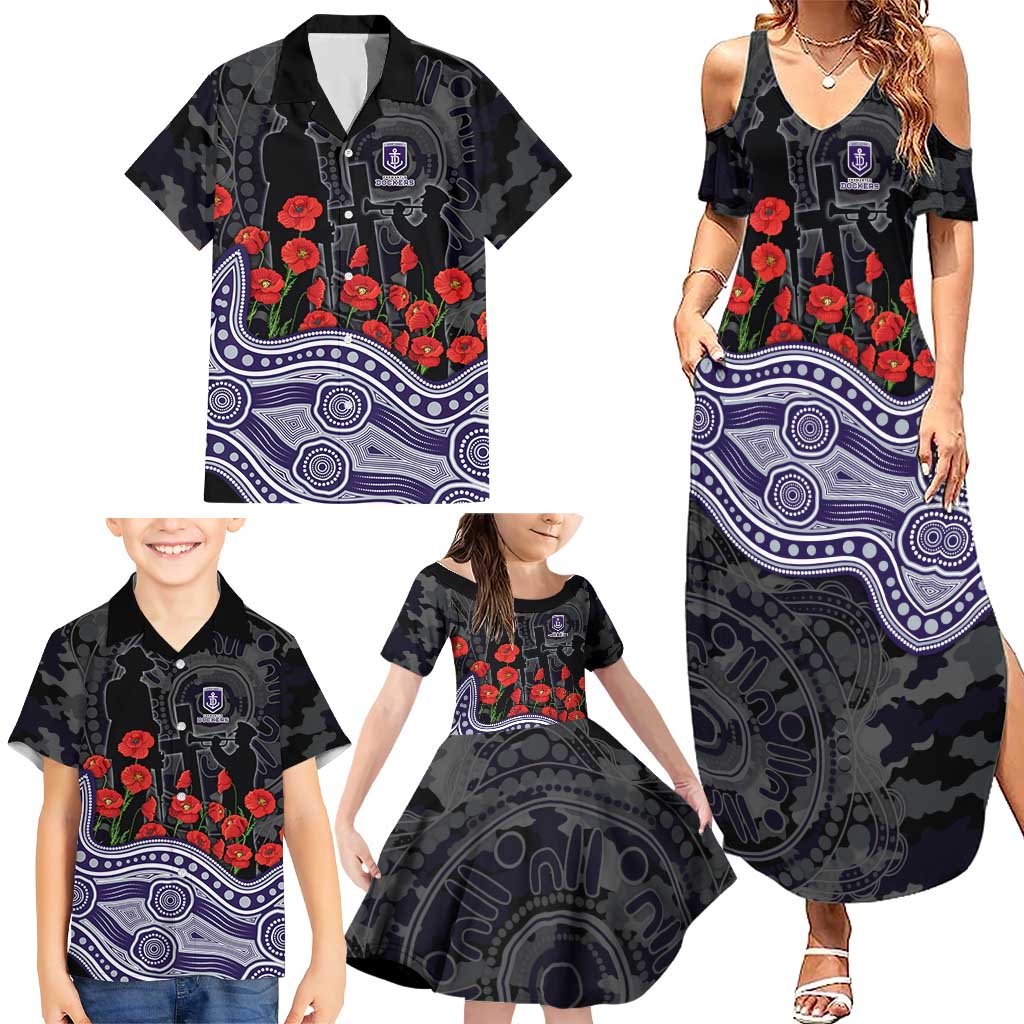 Fremantle Dockers ANZAC Day Family Matching Summer Maxi Dress and Hawaiian Shirt Indigenous Dot Art with Poppy Flower Tribute