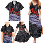 Fremantle Dockers ANZAC Day Family Matching Summer Maxi Dress and Hawaiian Shirt Indigenous Dot Art with Poppy Flower Tribute