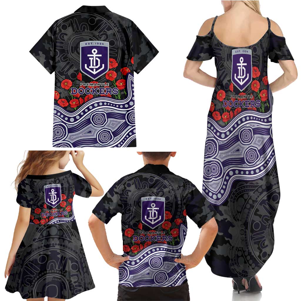Fremantle Dockers ANZAC Day Family Matching Summer Maxi Dress and Hawaiian Shirt Indigenous Dot Art with Poppy Flower Tribute