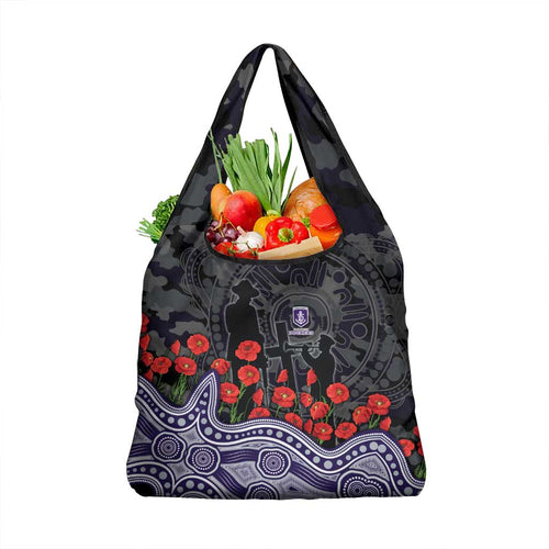 Fremantle Dockers ANZAC Day Grocery Bag Indigenous Dot Art with Poppy Flower Tribute