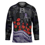 Fremantle Dockers ANZAC Day Hockey Jersey Indigenous Dot Art with Poppy Flower Tribute