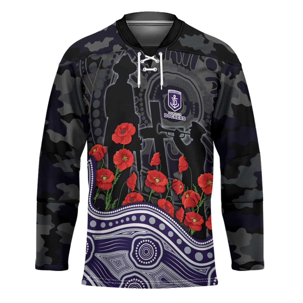 Fremantle Dockers ANZAC Day Hockey Jersey Indigenous Dot Art with Poppy Flower Tribute